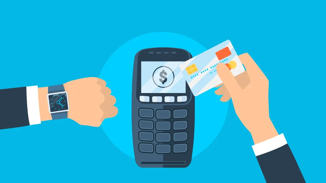A hand taps a bank card on a payment terminal while the other wrist wears a smartwatch, in flat illustration style.
