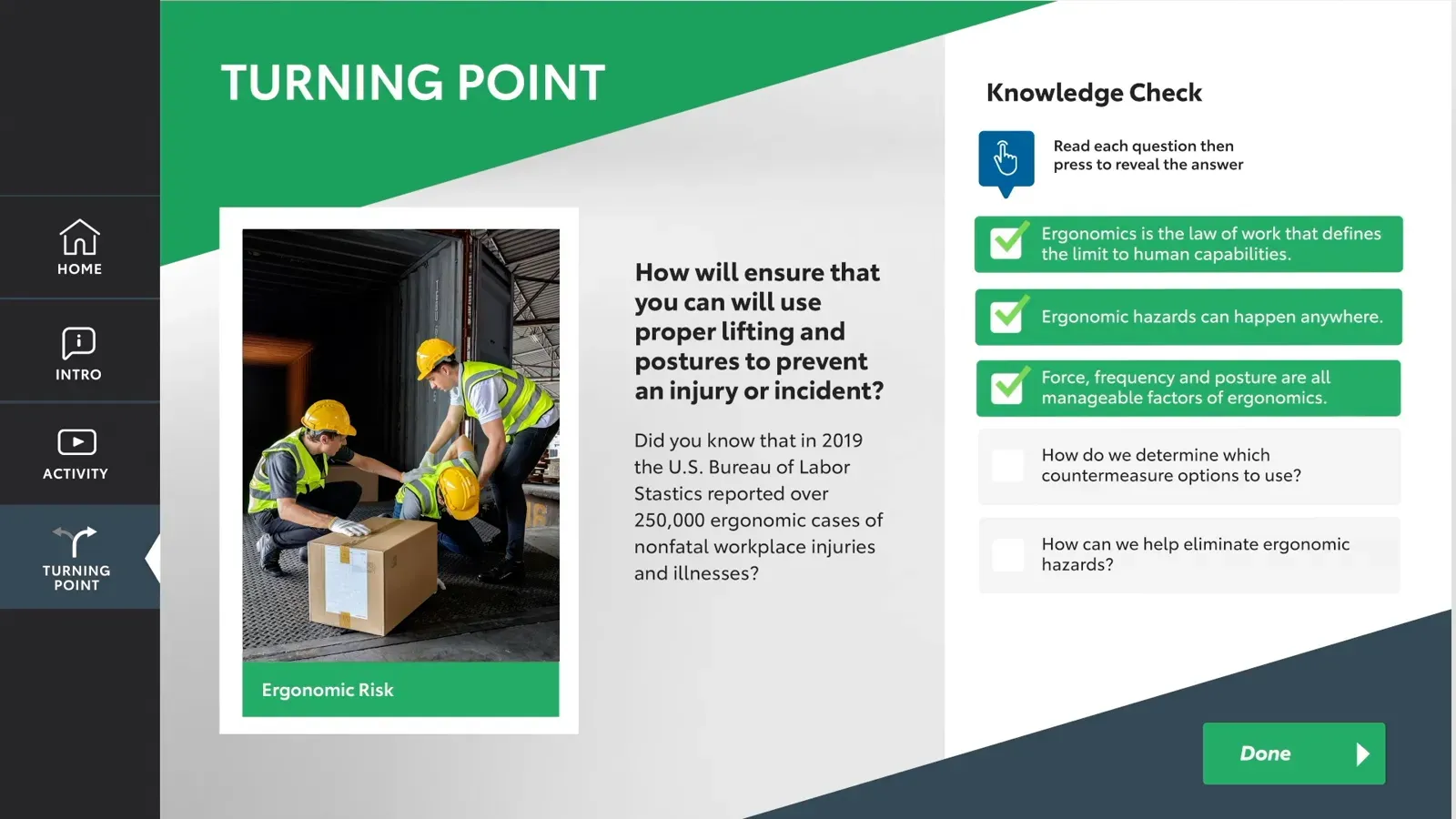 The Knowledge Check screen: a multiple-choice quiz reinforcing the ergonomics training.
