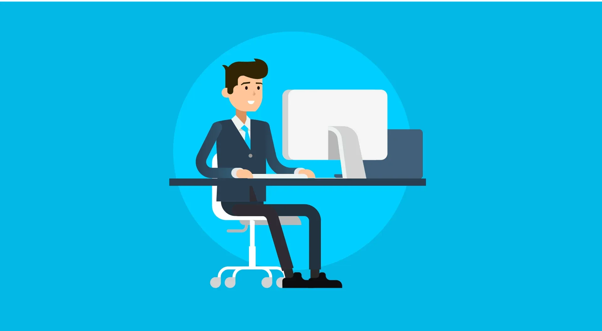 An office worker smiles at a desktop computer against a bright blue circle backdrop.