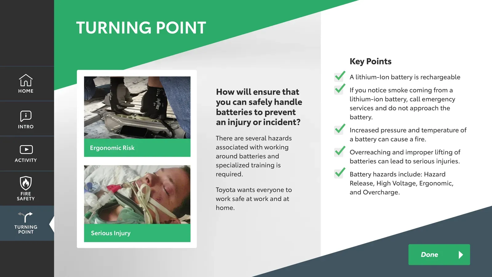 The Turning Point module: battery-handling key points beside ergonomic-risk and injury imagery.