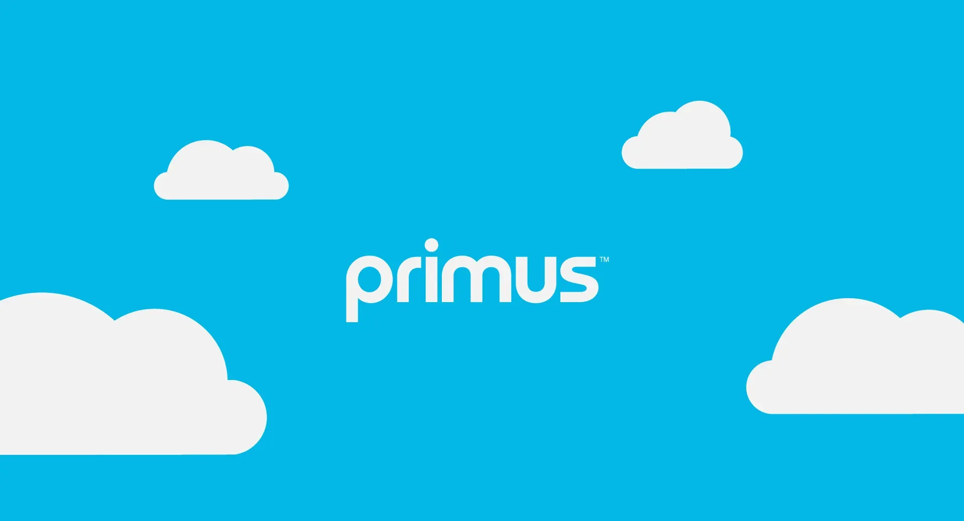 The Primus wordmark floating in a bright blue sky between clouds.