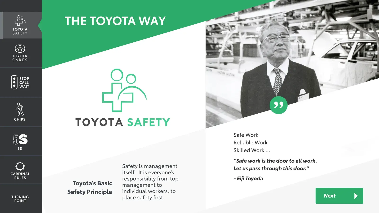 The Toyota Way module: the Toyota Safety principle with a portrait of Eiji Toyoda.