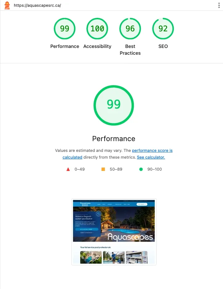 A Lighthouse report for aquascapesrc.ca scoring 99 Performance, 100 Accessibility, 96 Best Practices and 92 SEO, above a thumbnail of the homepage.