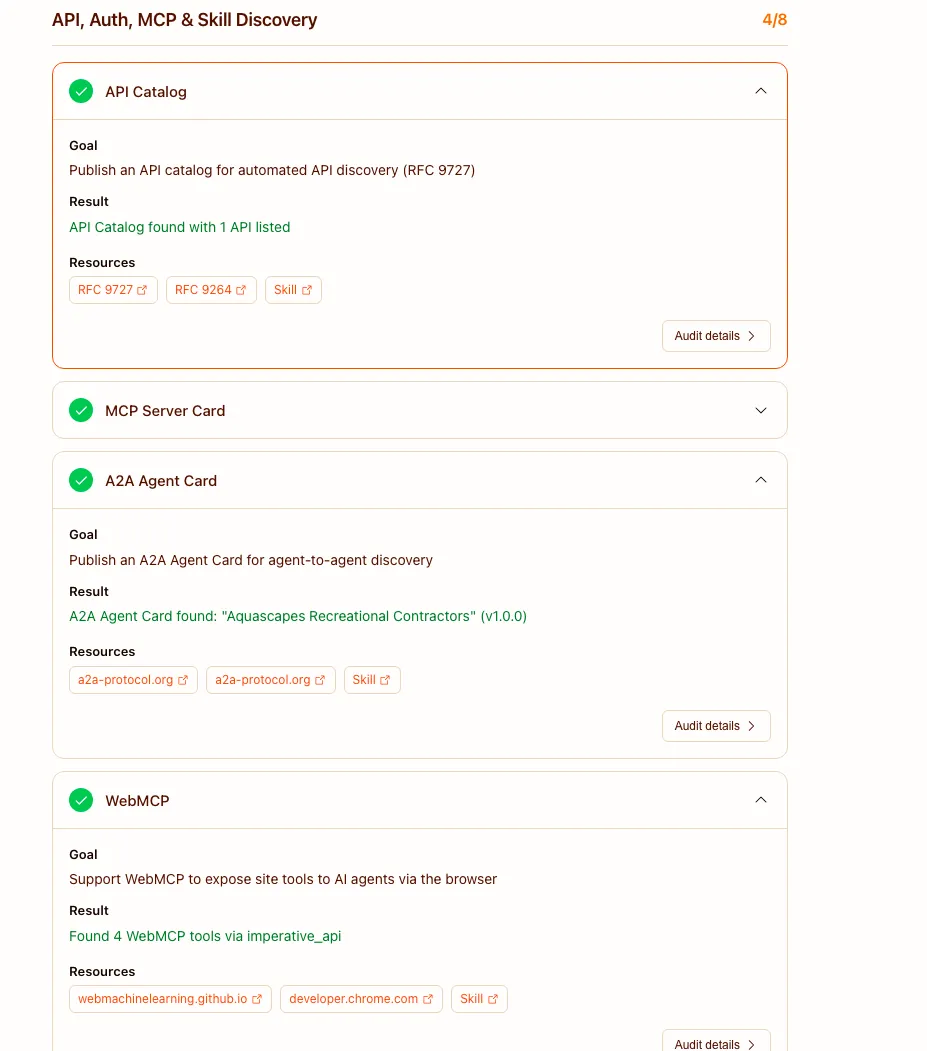 The isitagentready.com audit of aquascapesrc.ca showing green passes for API Catalog, MCP Server Card, A2A Agent Card and WebMCP discovery.