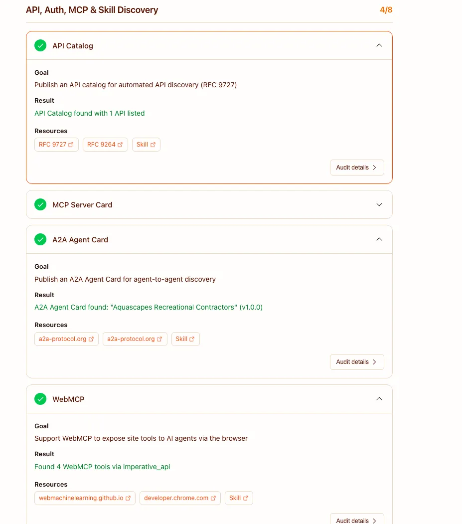 The isitagentready.com audit of aquascapesrc.ca showing green passes for API Catalog, MCP Server Card, A2A Agent Card and WebMCP discovery.