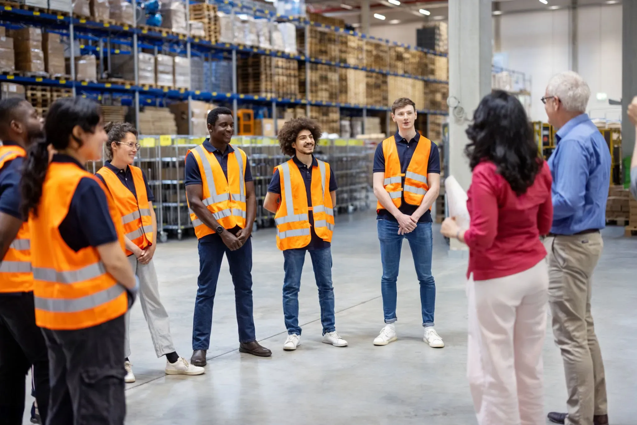 A group of new hires in hi-vis vests gathered on a warehouse floor for a training session with two trainers.
