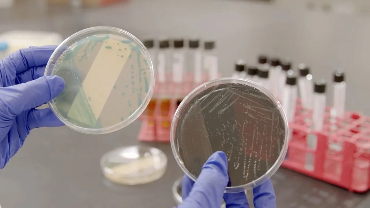 Blue-gloved hands hold up two agar Petri dishes streaked with bacterial colonies over a lab bench of red test-tube racks.