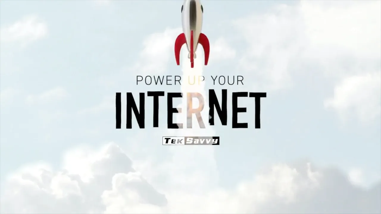 A cartoon-style rocket blasts up through a blue cloudy sky above the words "Power up your Internet" and the TekSavvy logo — a frame from the animated bumper.