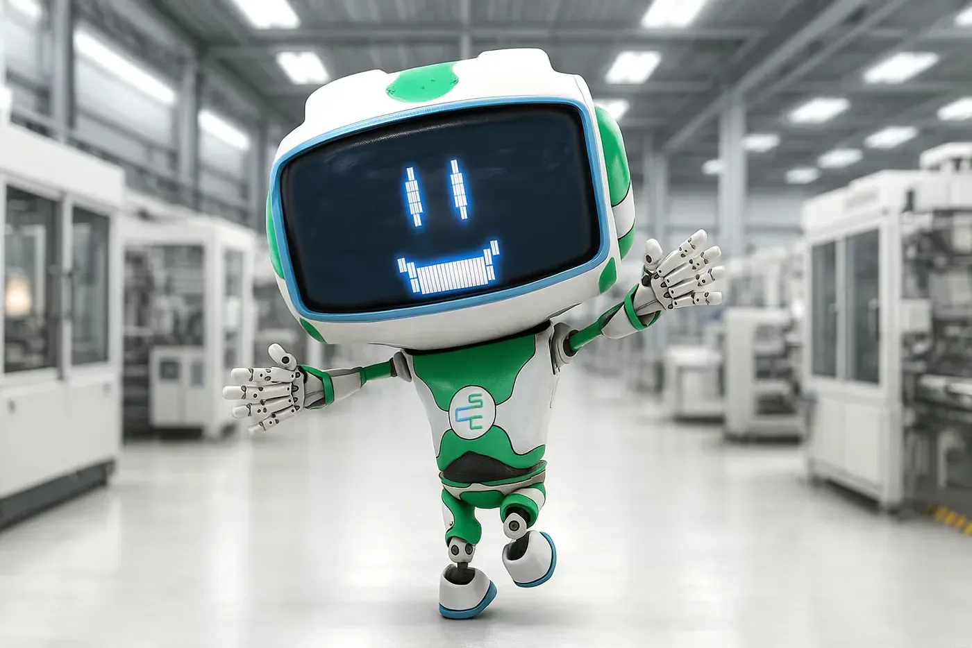 The training mascot: a friendly green-and-white robot with a smiling screen face, standing on the plant floor.