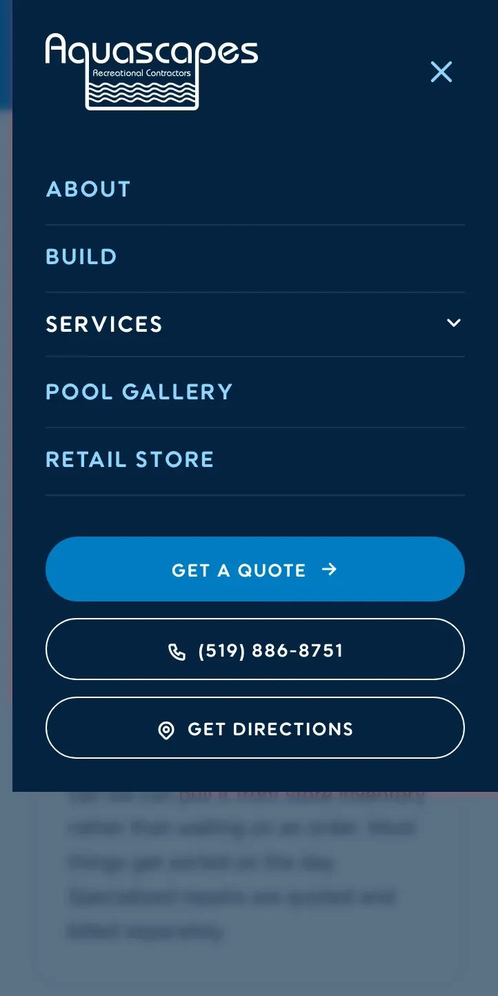 The mobile navigation menu open on a deep blue panel: About, Build, Services, Pool Gallery and Retail Store links above quote, phone and directions buttons.