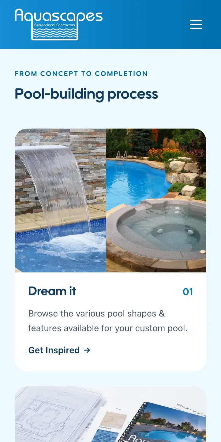 The pool building process page at phone width: a waterfall and hot tub photo pair above step one, Dream it, of the concept to completion journey.