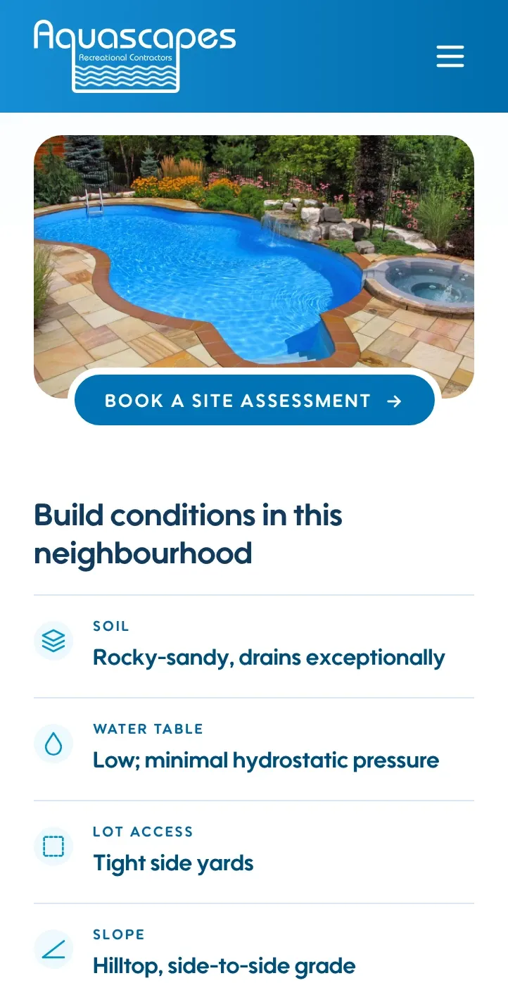 A neighbourhood page at phone width: a pool photo over a build conditions list covering soil, water table, lot access and slope for Deer Ridge.