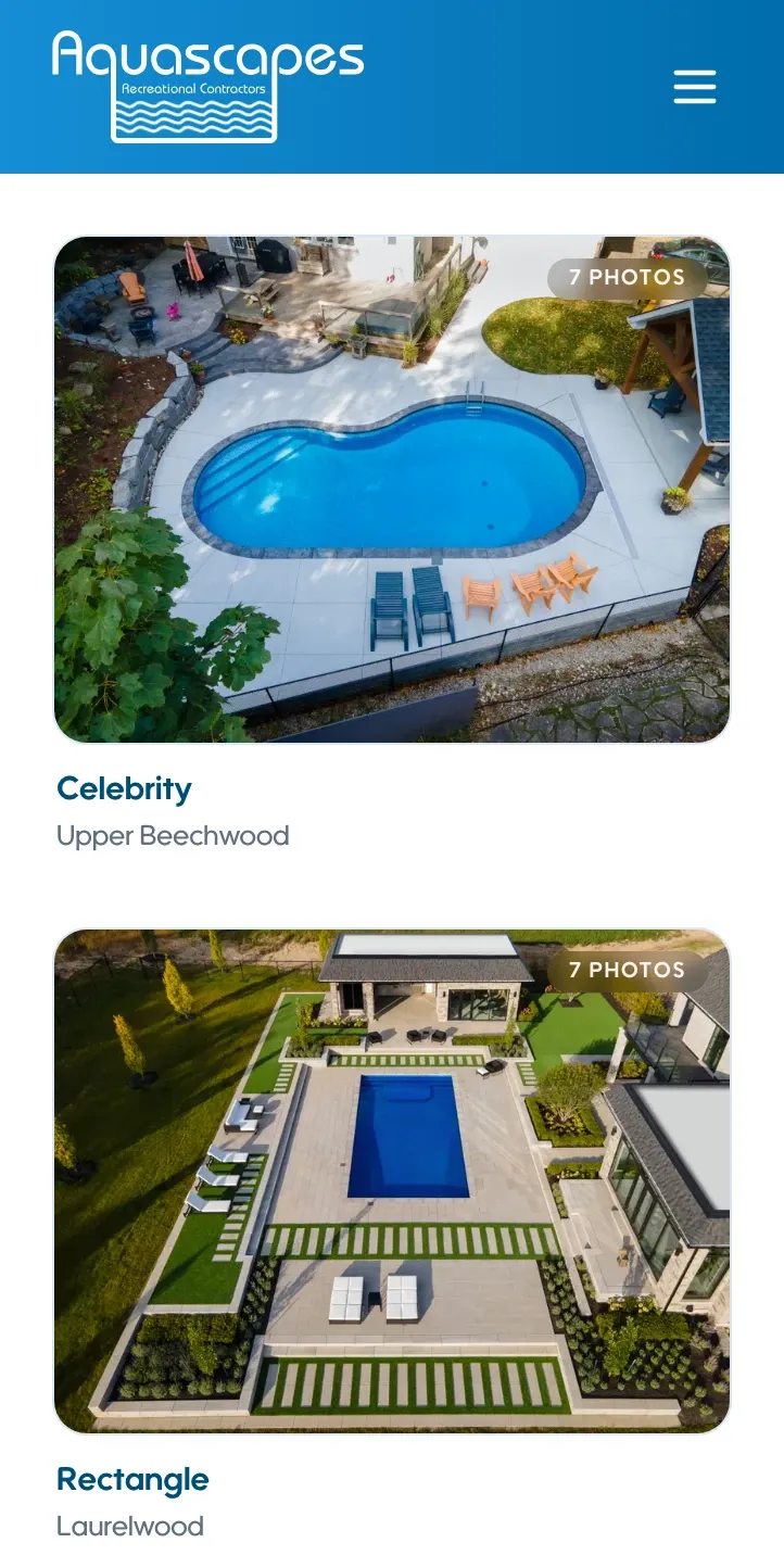 The pool gallery at phone width: aerial photos of the Celebrity and Rectangle builds with photo-count badges and neighbourhood names.
