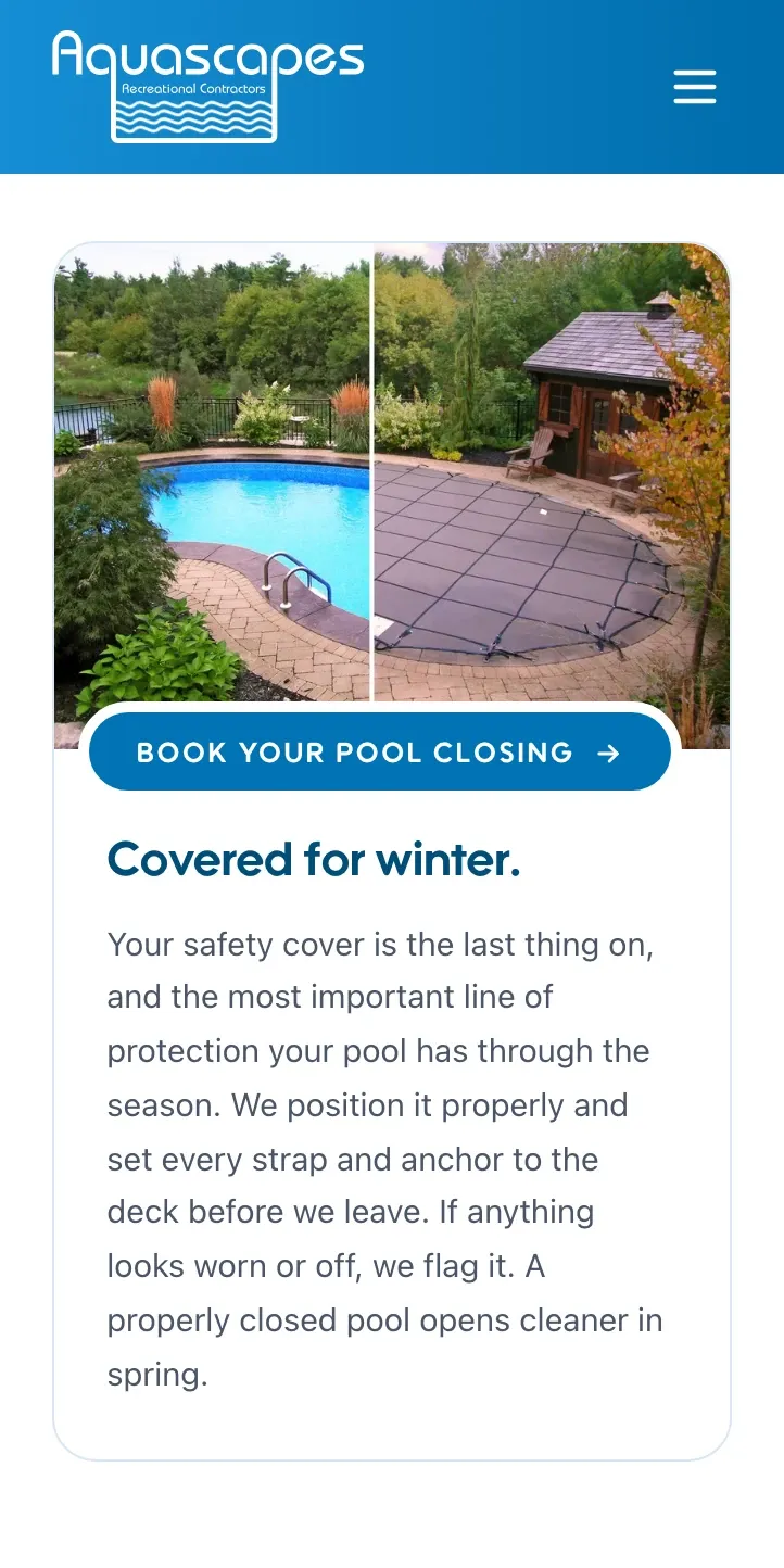 The pool closing service page at phone width: photos of a covered pool above the Covered for winter heading and a Book Your Pool Closing button.