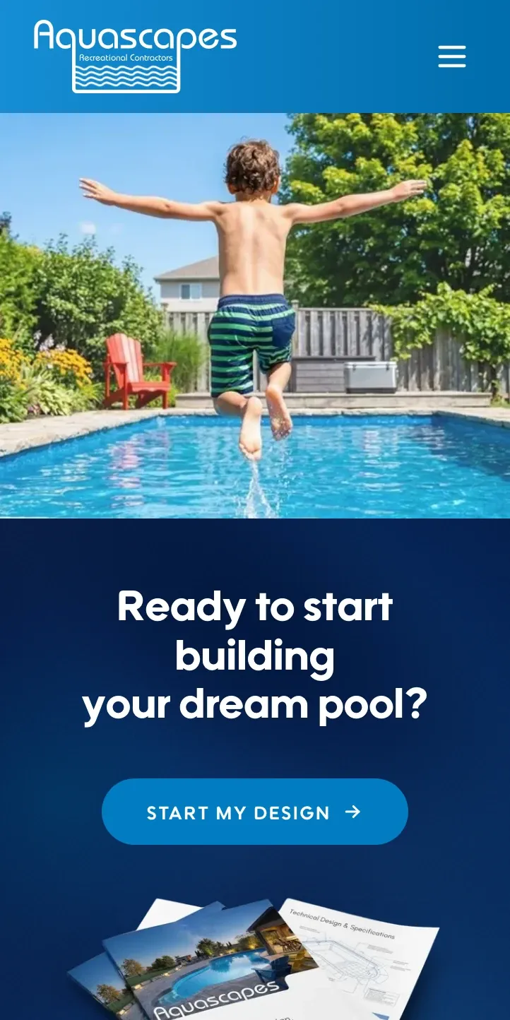 The home page call to action at phone width: a kid mid-jump into a backyard pool above the Ready to start building your dream pool heading and a Start My Design button.