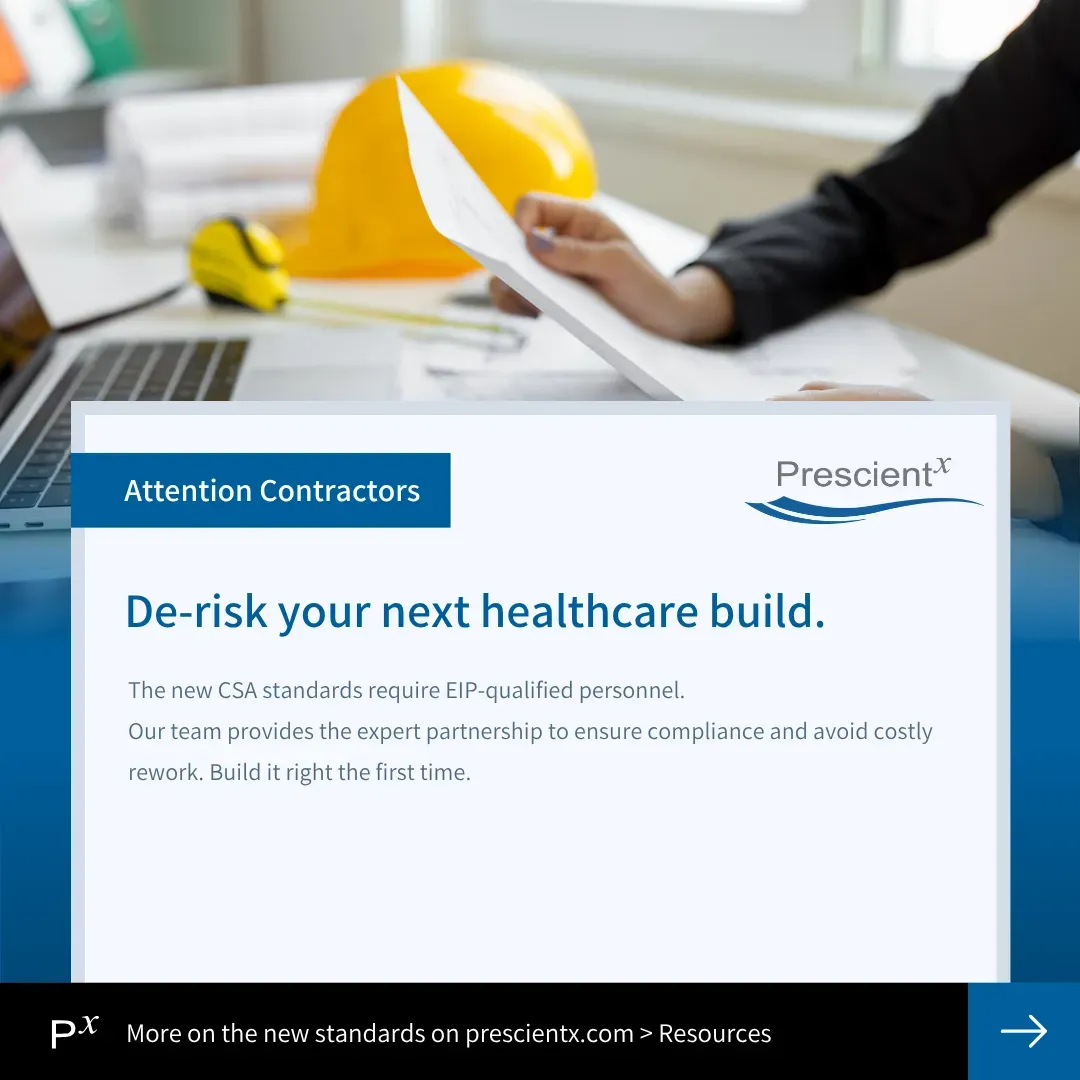 Prescientx social graphic: De-risk your next healthcare build.