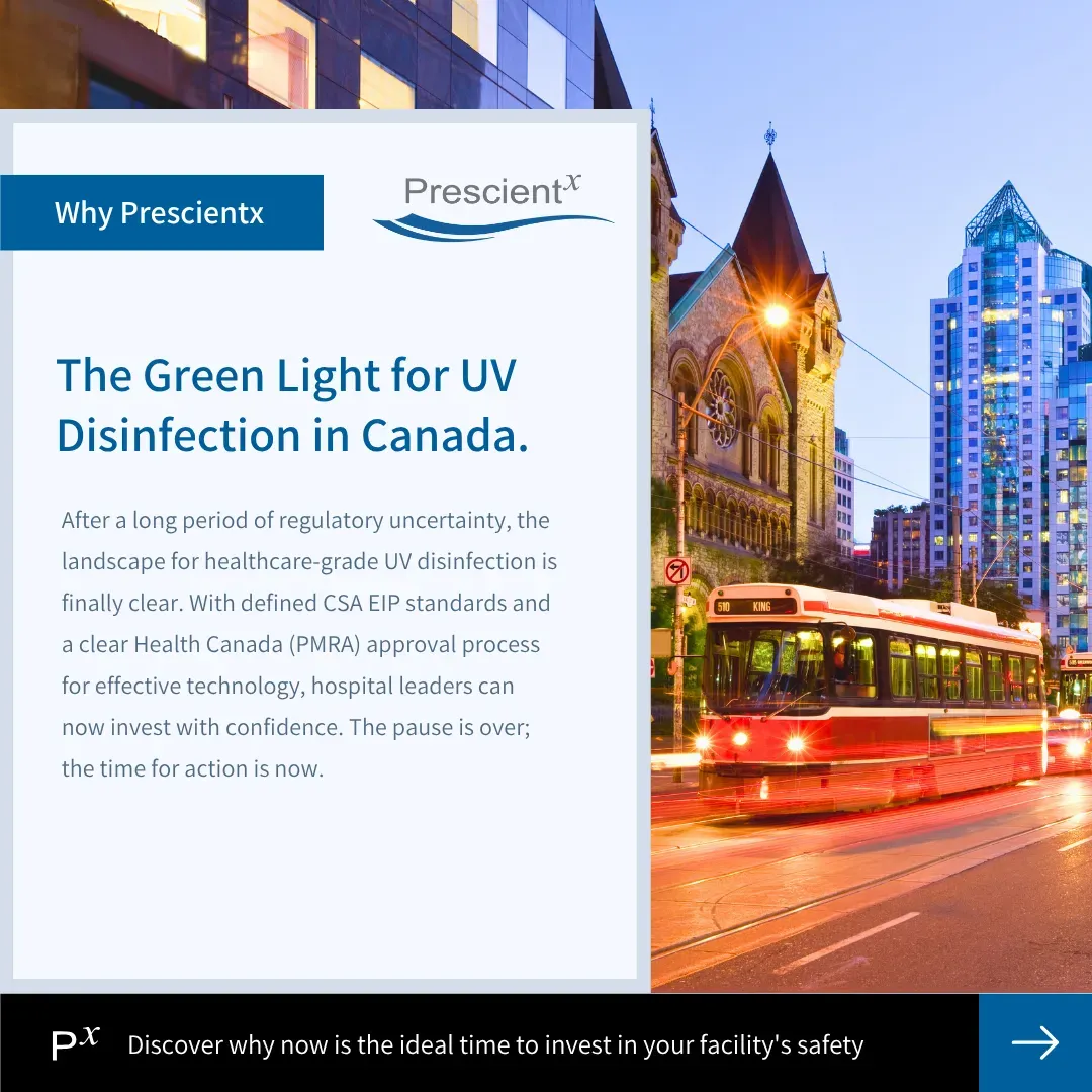 Prescientx social graphic: The Green Light for UV Disinfection in Canada.