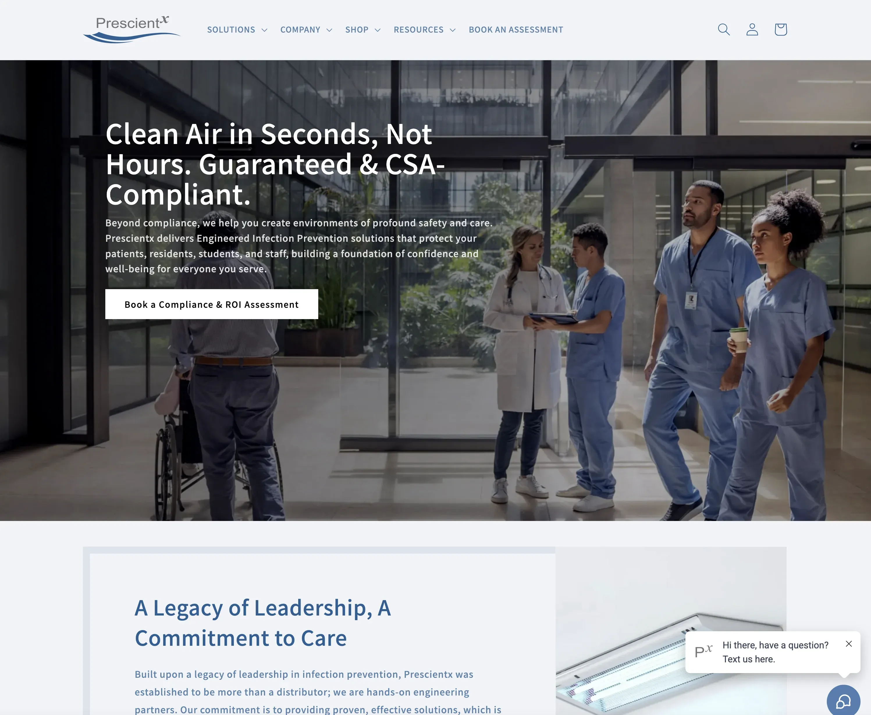 Prescientx homepage: a hospital atrium with clinicians walking, under the headline “Clean Air in Seconds, Not Hours. Guaranteed & CSA-Compliant.” and a “Book a Compliance & ROI Assessment” button.