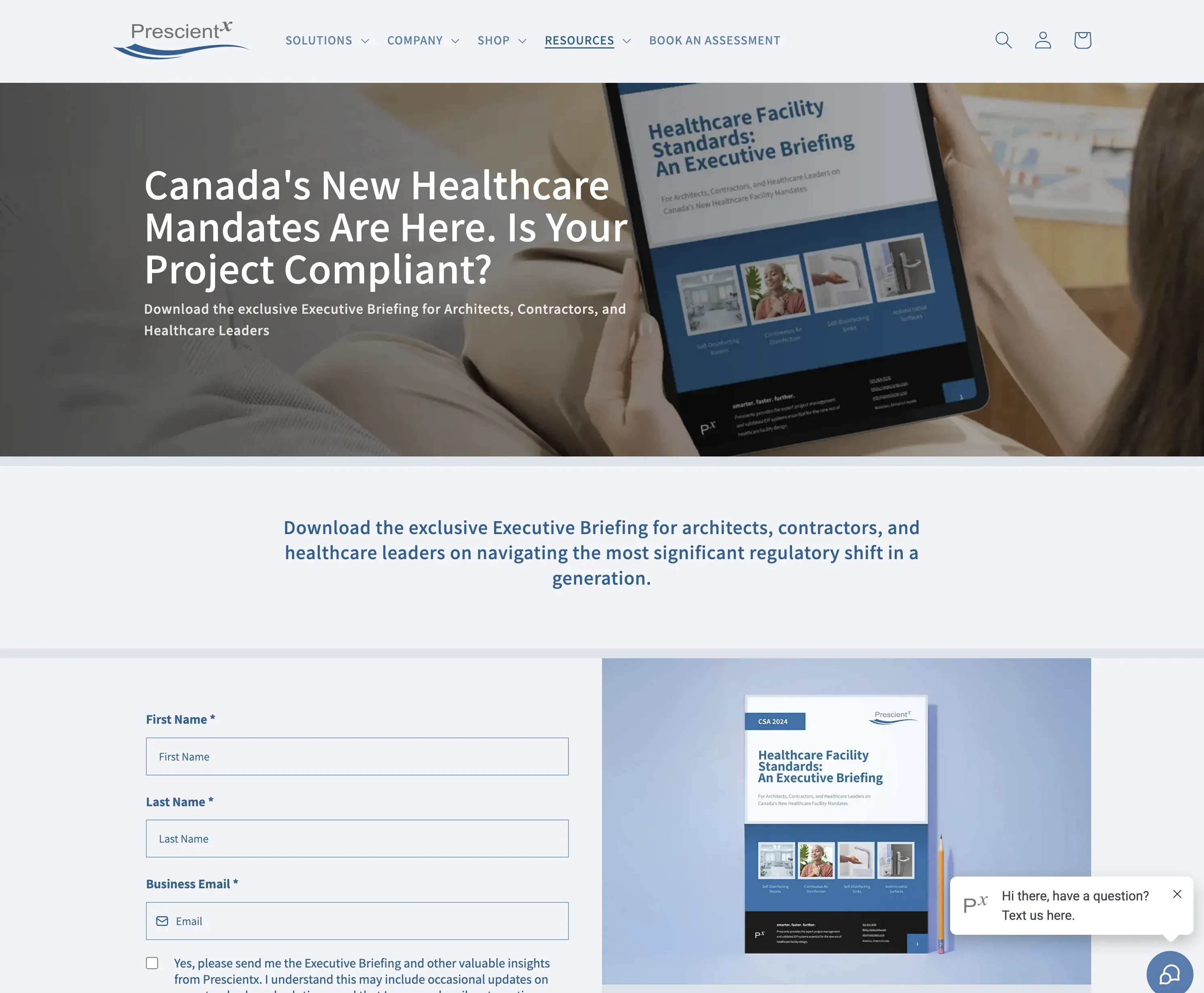 The Executive Briefing landing page: “Canada’s New Healthcare Mandates Are Here. Is Your Project Compliant?” beside a tablet showing the briefing and a download form.